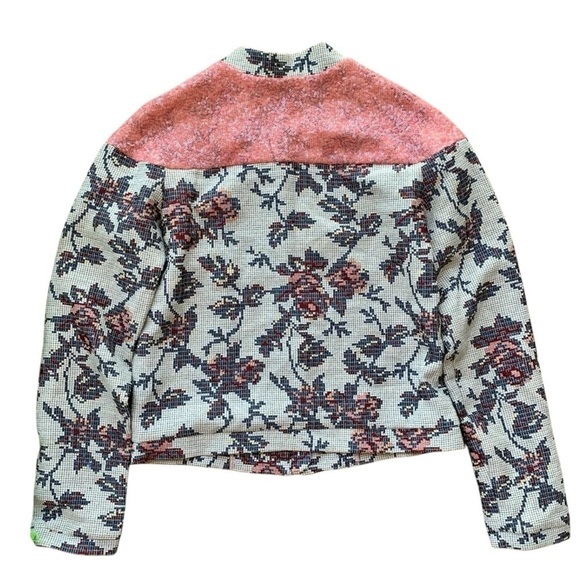 ASOS Floral Grid Sequined Panel Zip Jacket Light Gray Blue Pink Size US 4 UK 8 - Picture 2 of 6